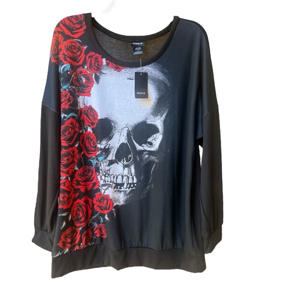 Torrid Skeleton & Rose’s Crew Neck Long Sleeve Stretch Pullover Red Black Top 1X